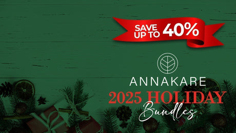 AnnaKare 2025 Holiday Bundles graphic with logo, Save up to 40%, on green background with holiday decor