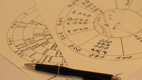 Two astrological zodiac wheels with degree markings and zodiac symbols on aged paper beside an elegant pen